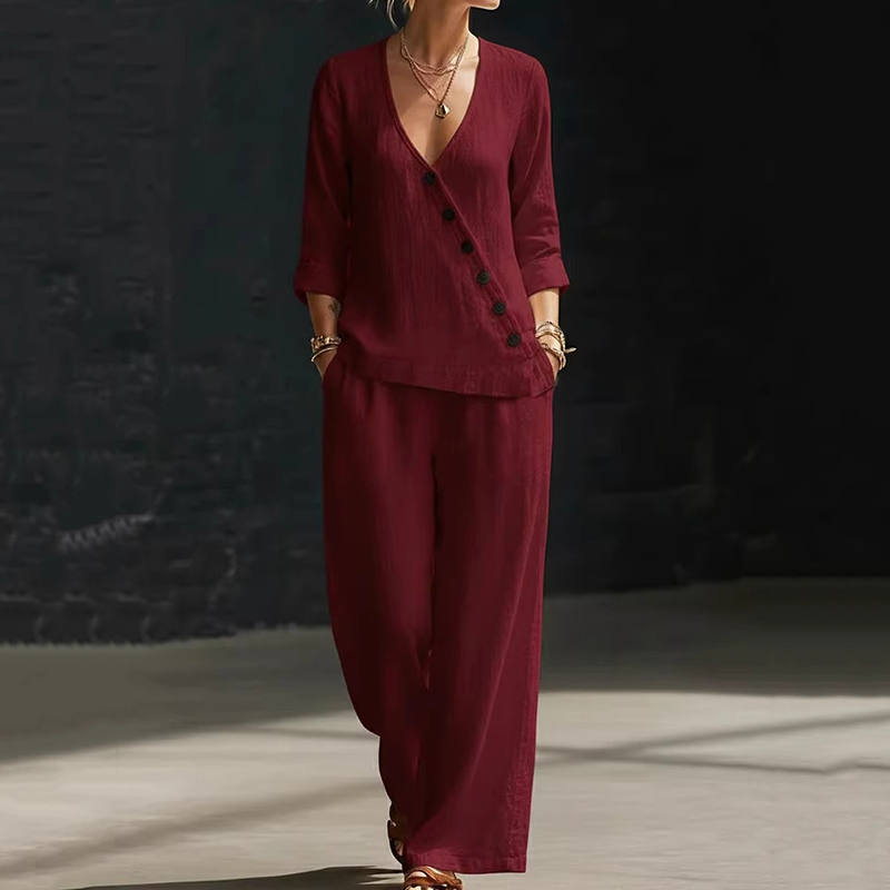 Minimalist Loose V-neck Slant-button Shirt And Wide-leg Pants Two-piece Set