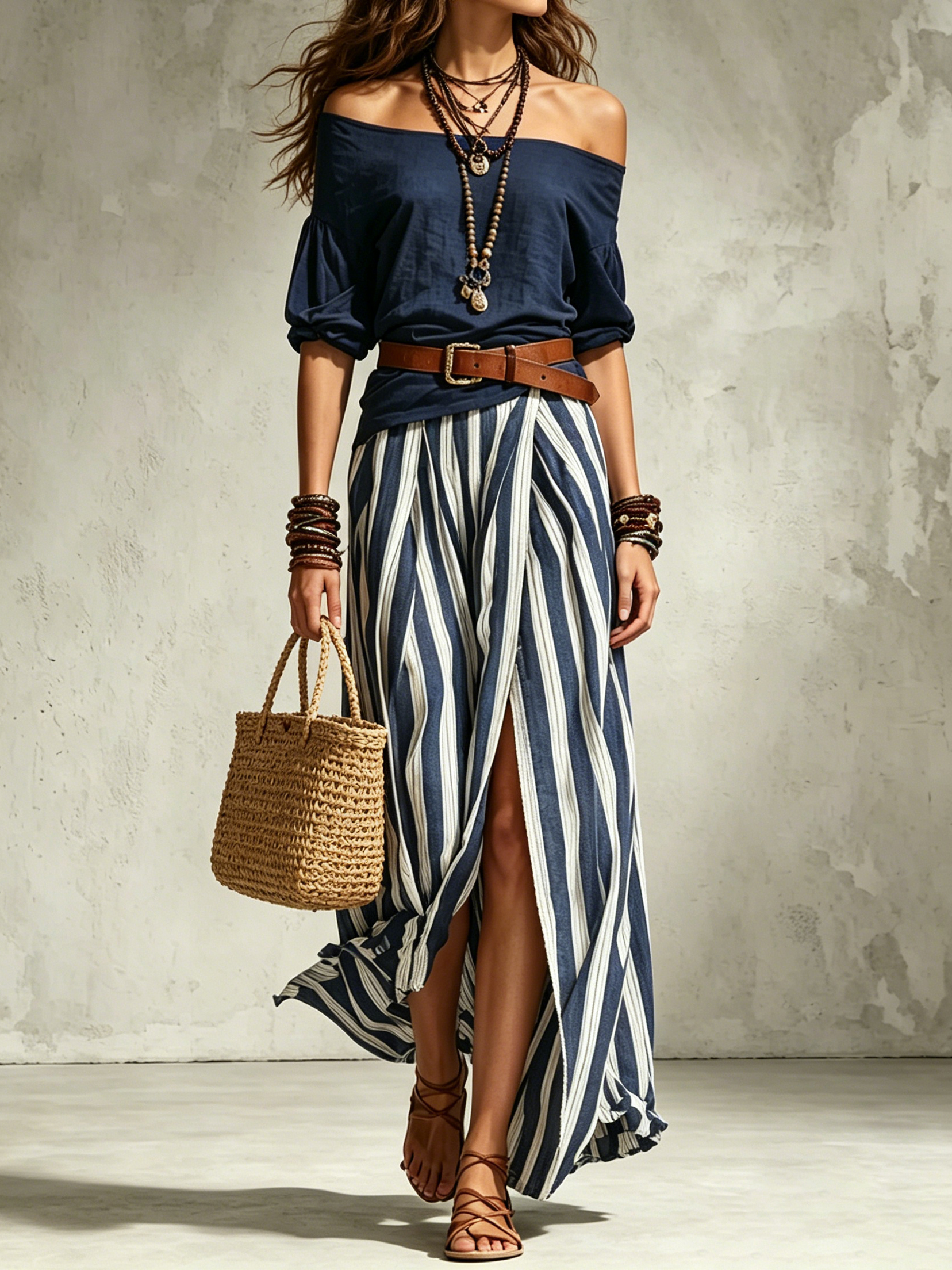 Vacation Off-the-shoulder Top And Slit Skirt With Belt Two-piece Set