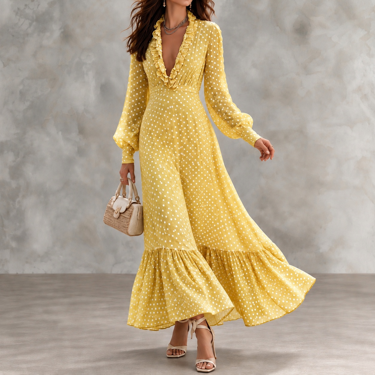 Polka-dot Deep-V Maxi Dress