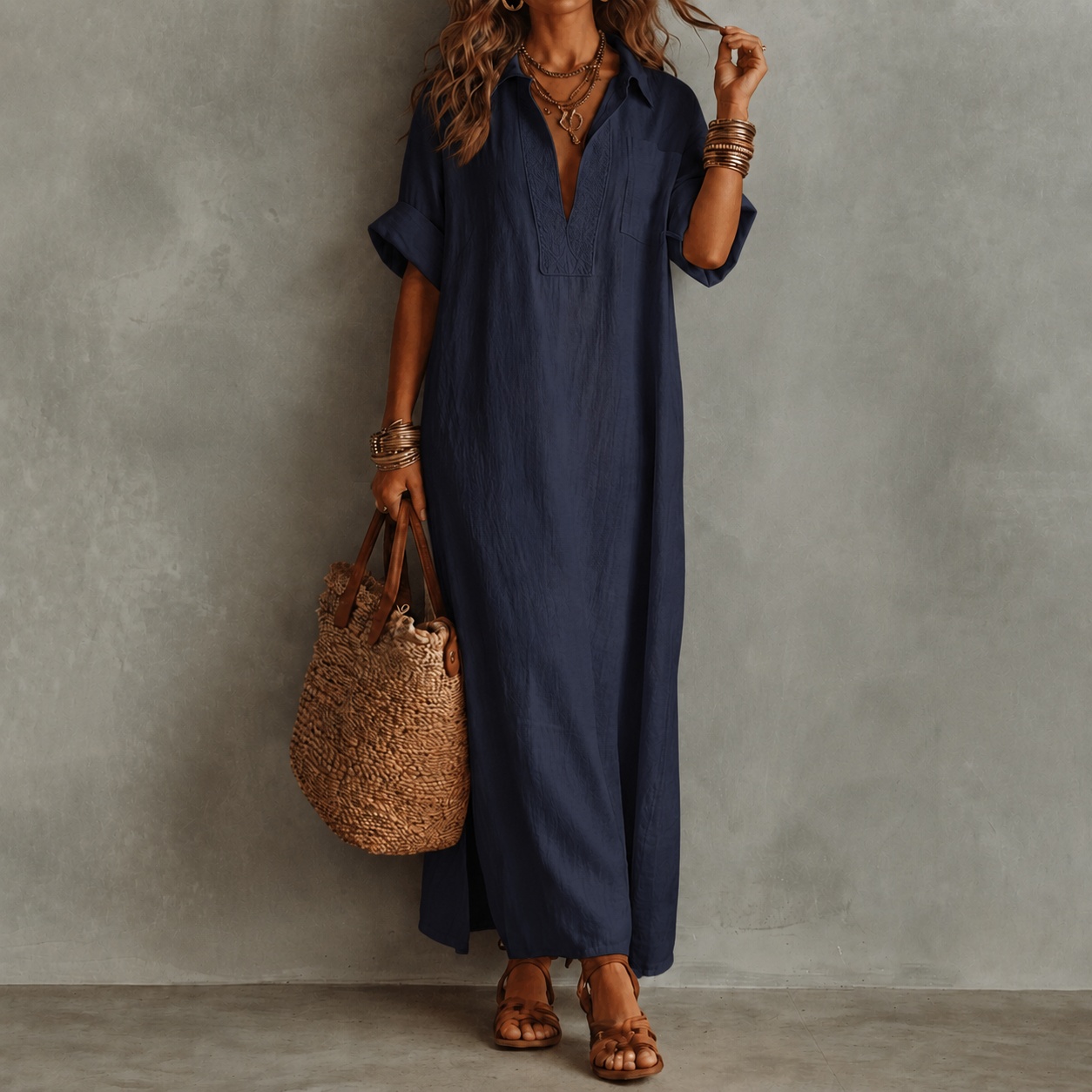 Retro Minimalist Style Loose Solid Color Short-sleeved Shirt Maxi Dress