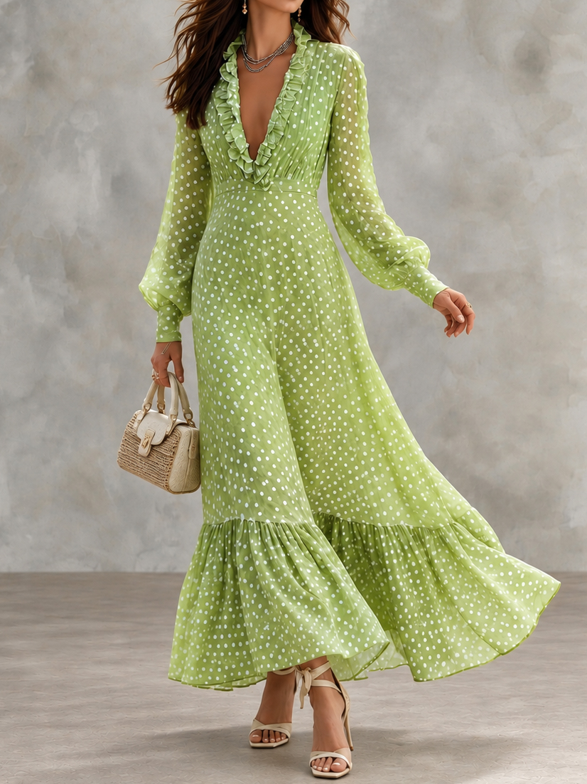Polka-dot Deep-V Maxi Dress