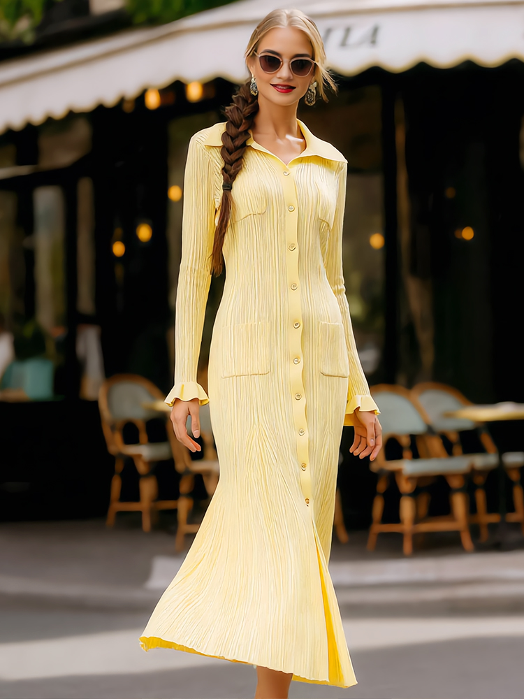 Elegant Lapel Buttoned Cozy Knit Maxi Dress