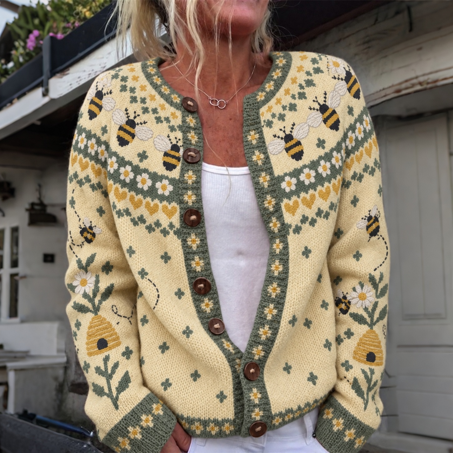 Women's Vintage Bee And Floral Print Casual Knit Cardigan Sweater