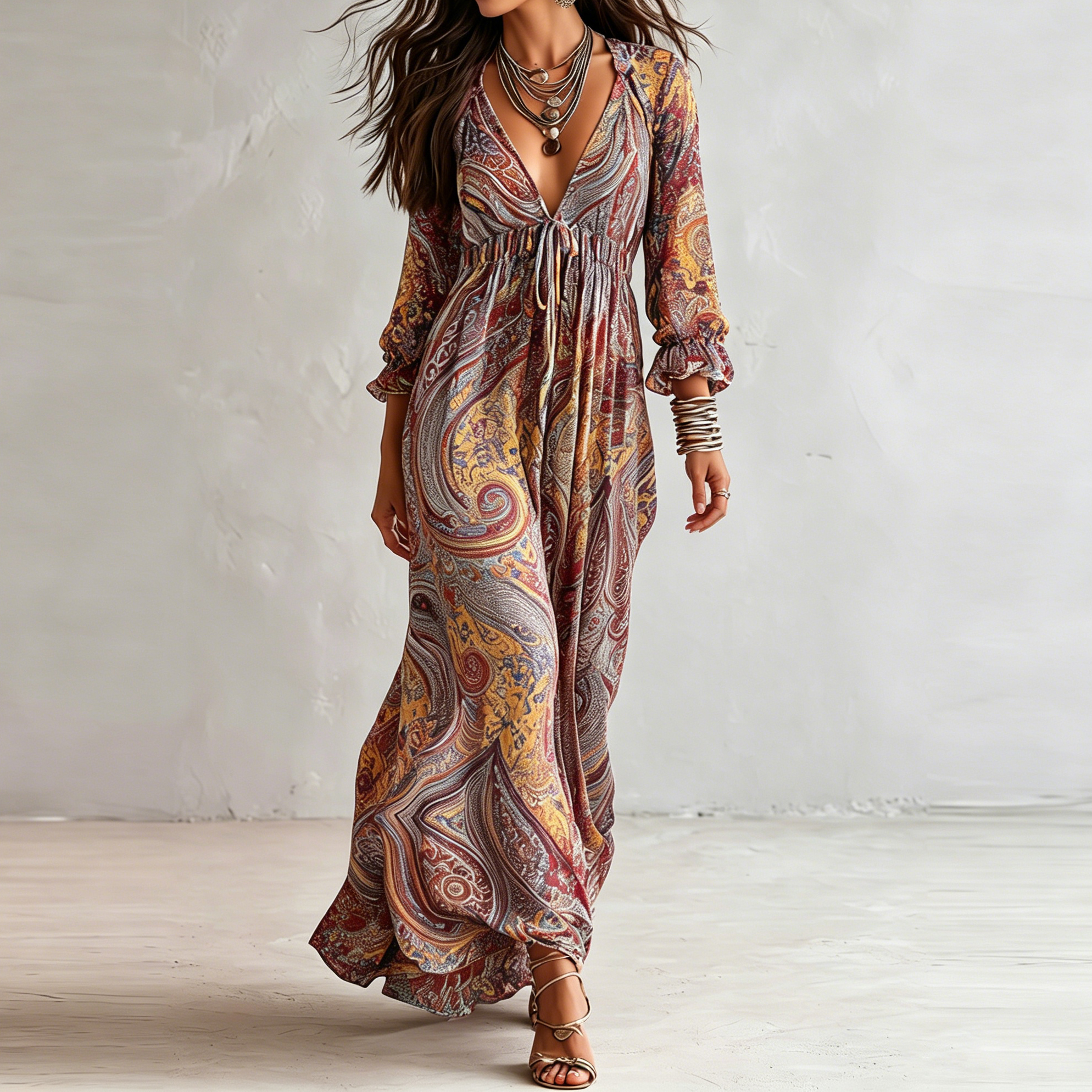Retro Colorful Printed V-neck Irregular Ruffles Maxi Dress