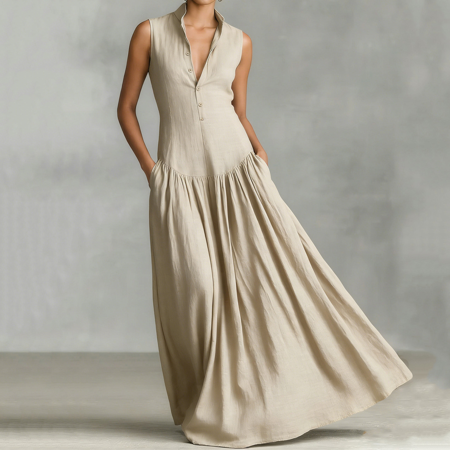 French Classic Slim Fit V-neck Cotton Linen Sleeveless Maxi Dress