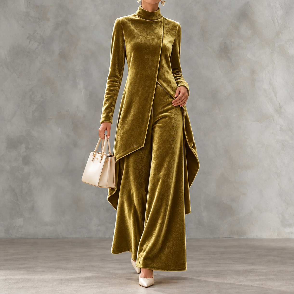Velvet Asymmetric Long Sleeves And Stand Collar Two-piece Set