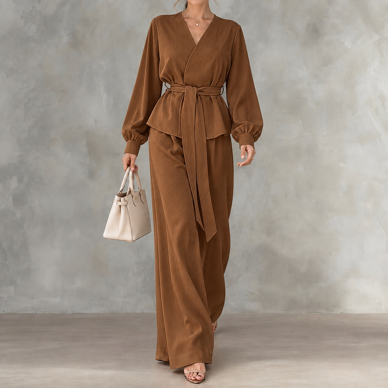 Elegance V-neck Long-sleeve Wide-leg Trouser Set