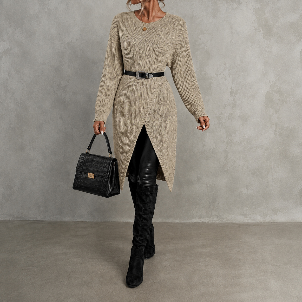 Elegant Crew Neck Long Knit Sweater
