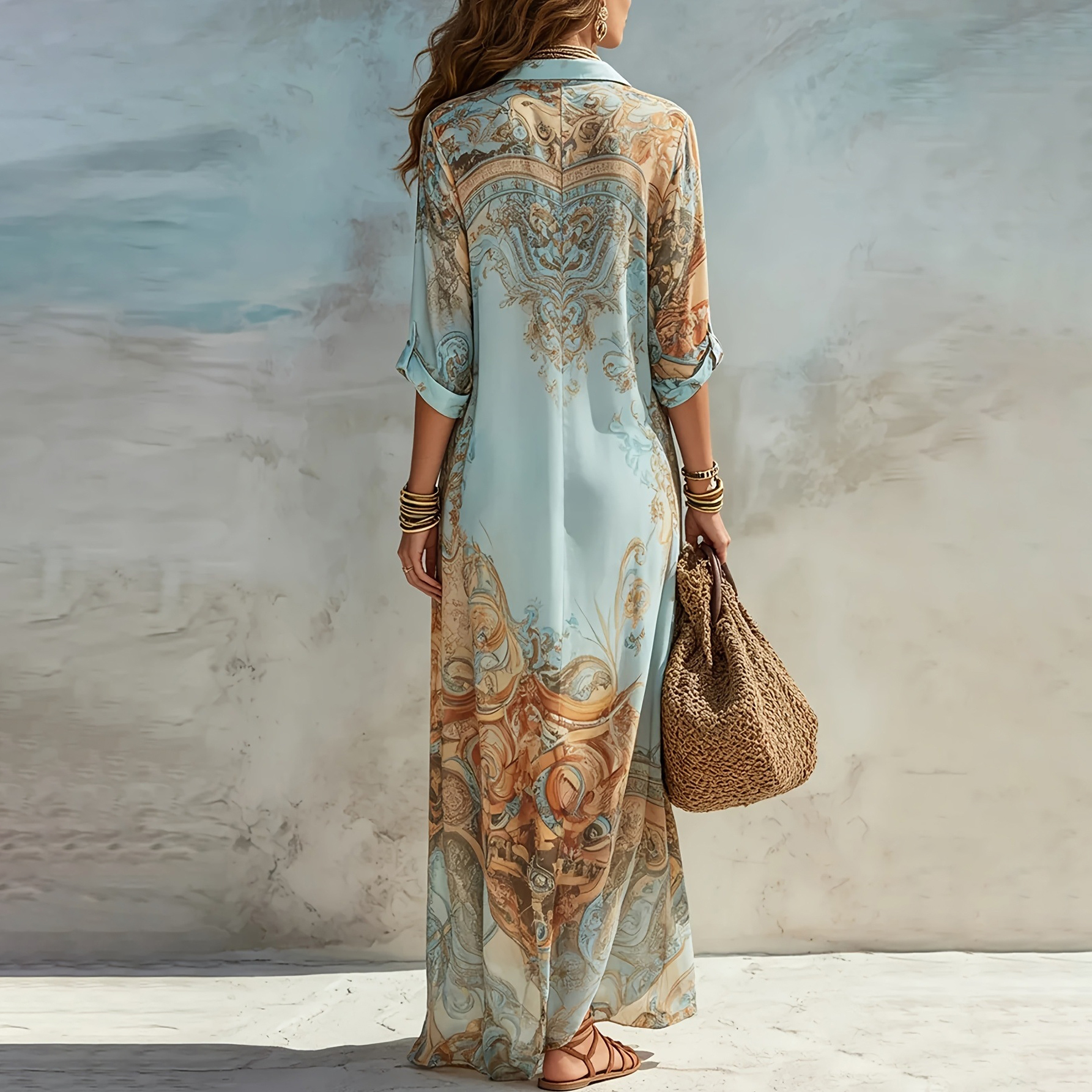 Retro Print Shirt Maxi Dress