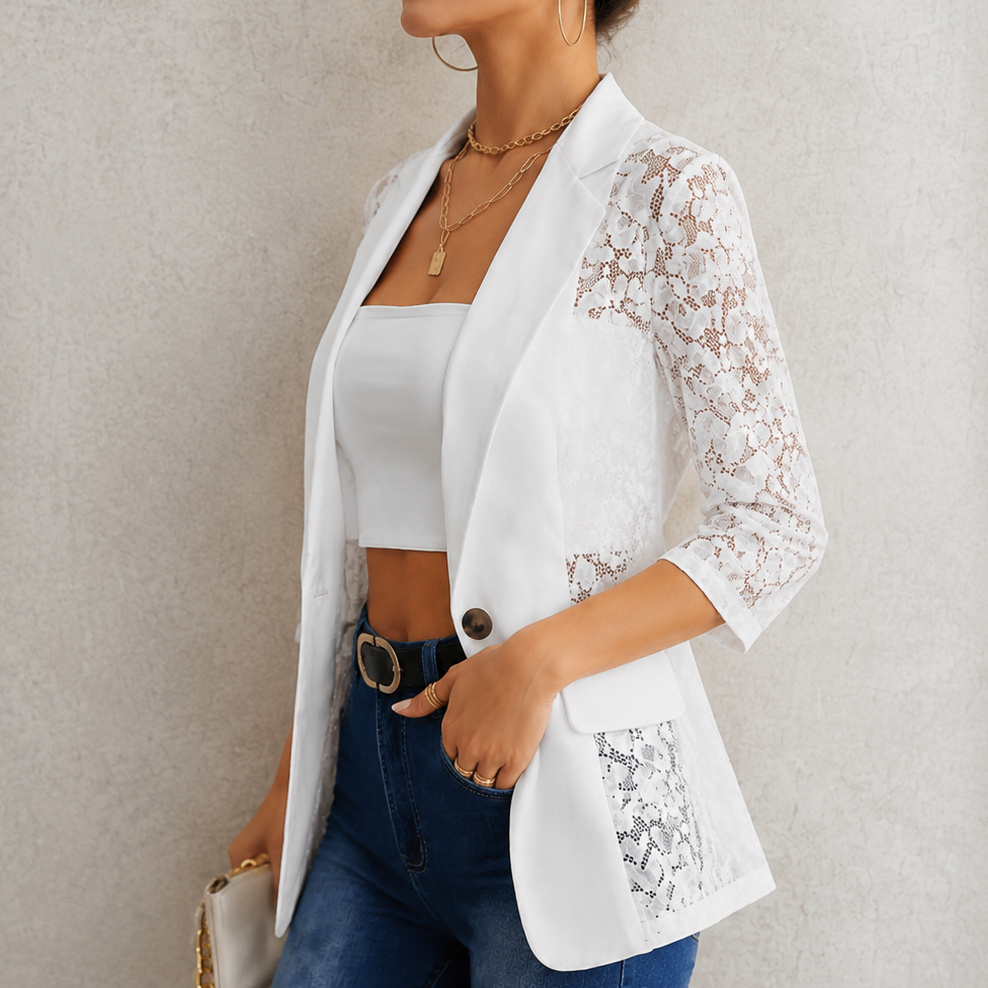 Lace Spliced 3/4 Sleeve Lapel Casual Blazer
