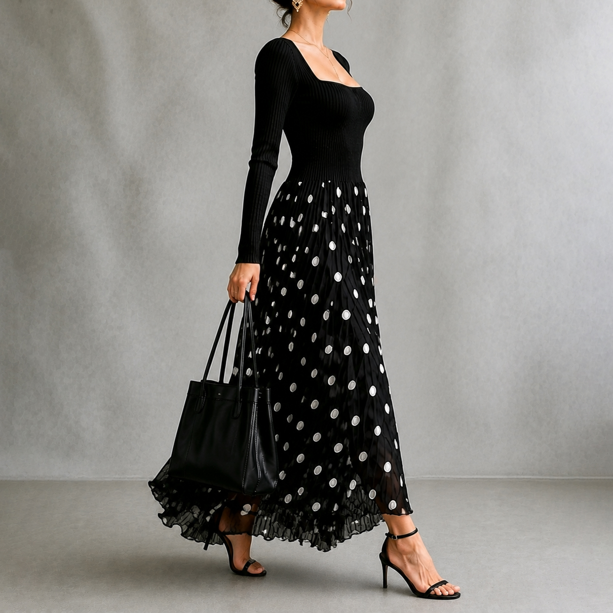 Elegant Stretch Fabric Polka Dot Square Neck Long Sleeve Maxi Dress