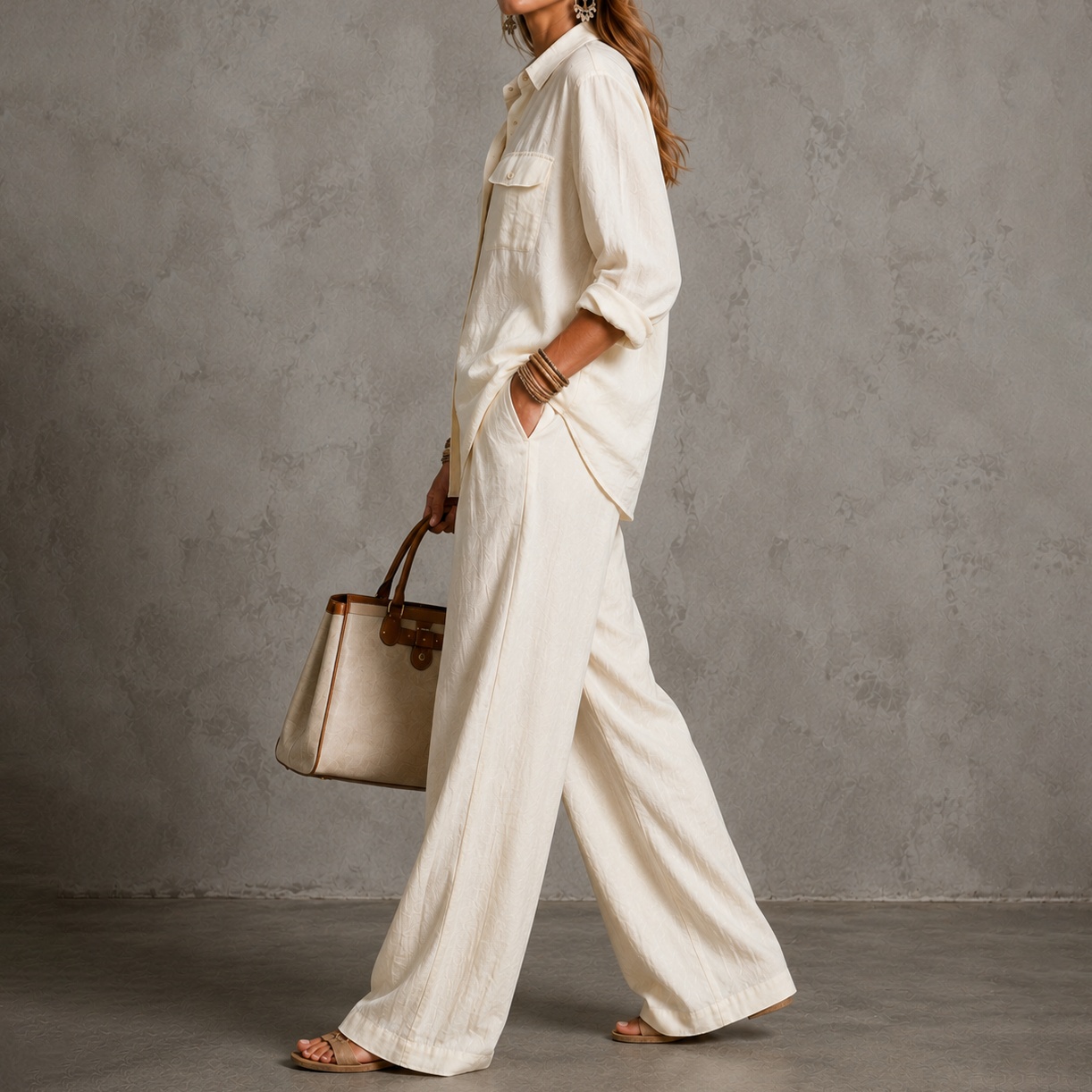 Elegance Long-sleeved Shirt + Wide-leg Pants Two-piece Set