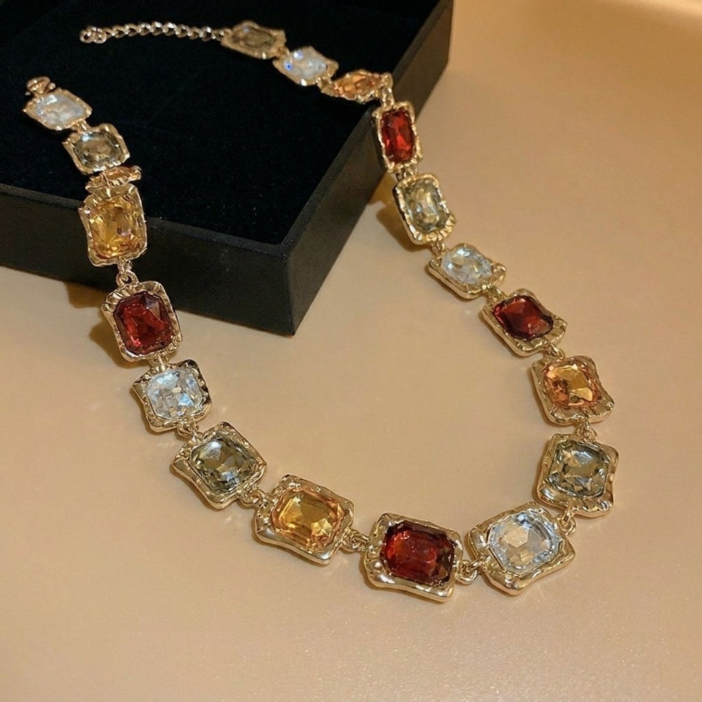 2pcs/set Elegant Square Diamond-encrusted Clavicle Necklace & Earring Party Jewelry Set