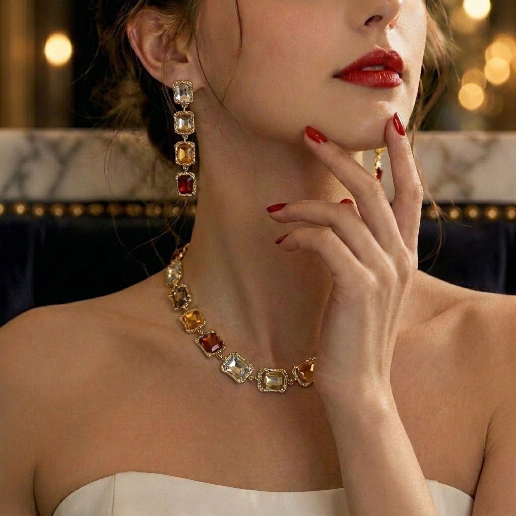 2pcs/set Elegant Square Diamond-encrusted Clavicle Necklace & Earring Party Jewelry Set