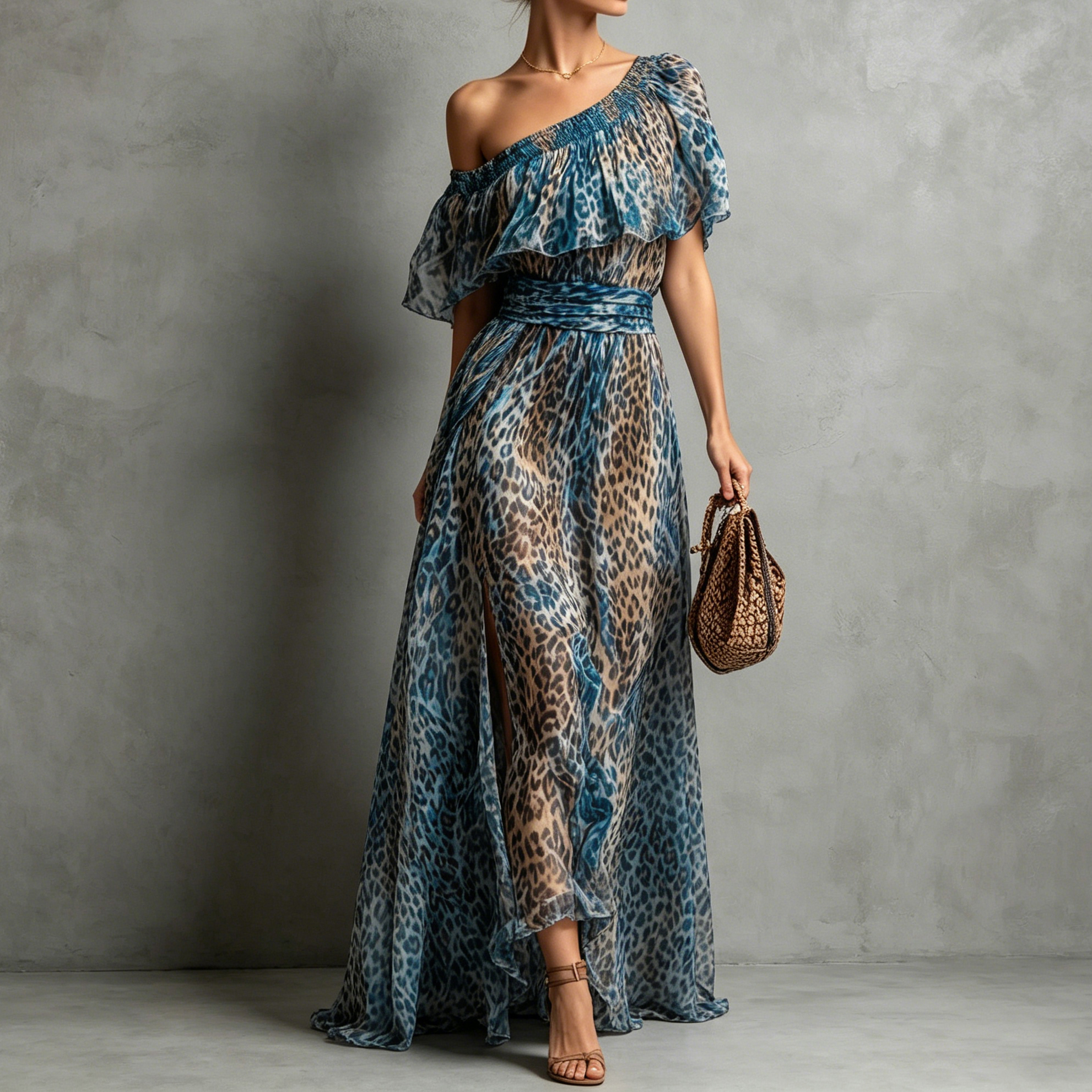 Retro Leopard Print Chiffon Off-shoulder Ruffle Waist Maxi Dress