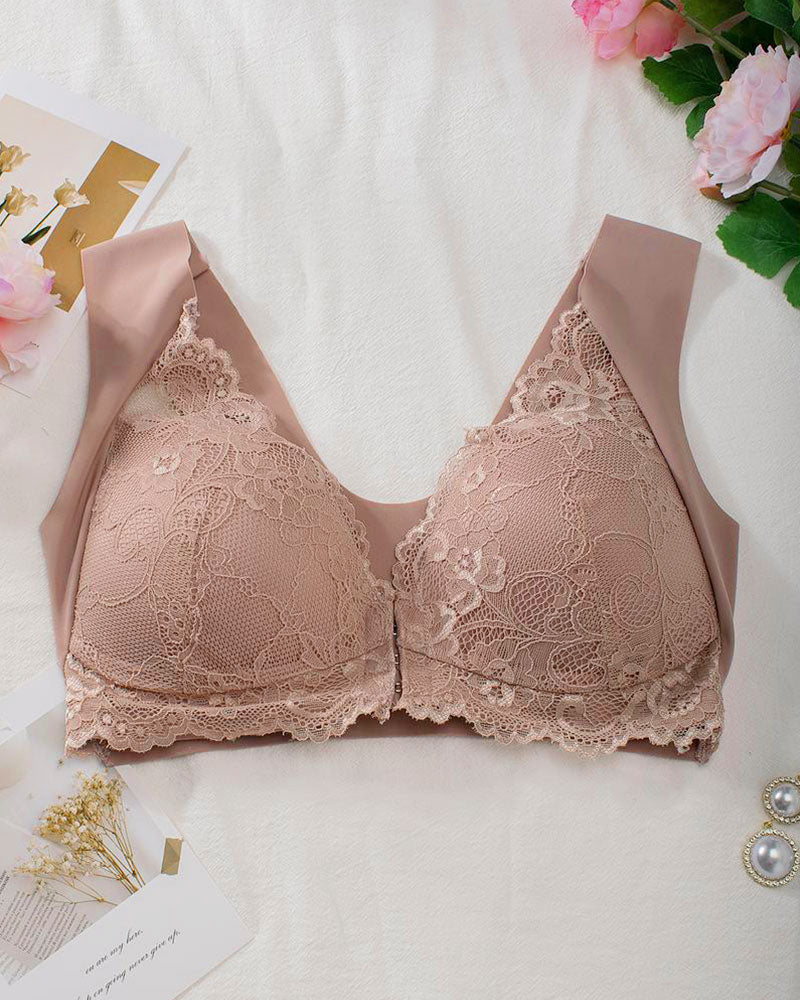 Women's Contrast Lace Hook & Eye Front Pushup Bra