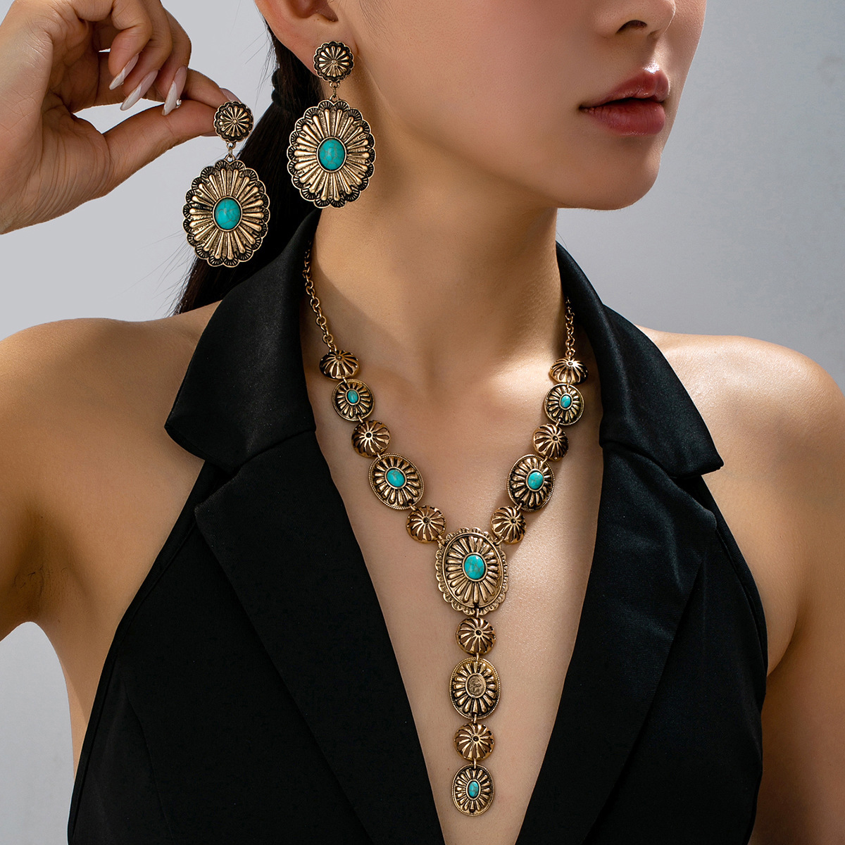 2pcs/set Vintage Sunflower Necklace And Earring Set
