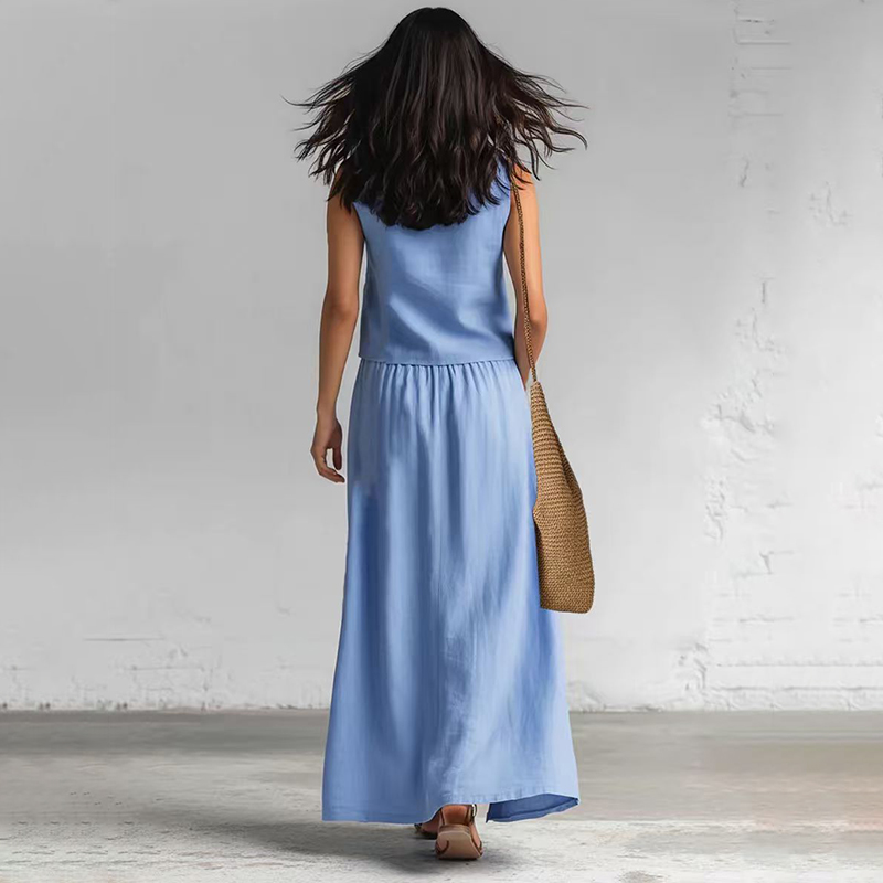 Casual Cotton And Linen V-neck Tank Top And Diagonal Pocket Skirt Two-piece Set