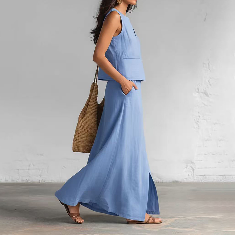 Casual Cotton And Linen V-neck Tank Top And Diagonal Pocket Skirt Two-piece Set