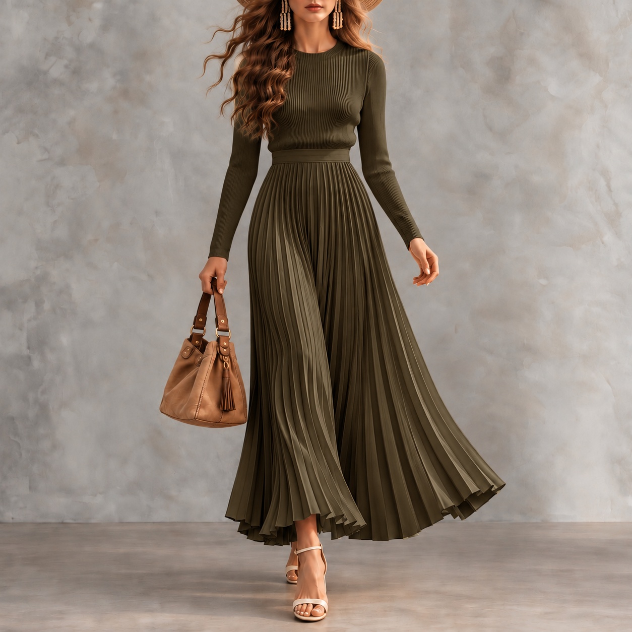 Long-sleeved Crew-neck Top And Pleated Skirt Two-piece Set