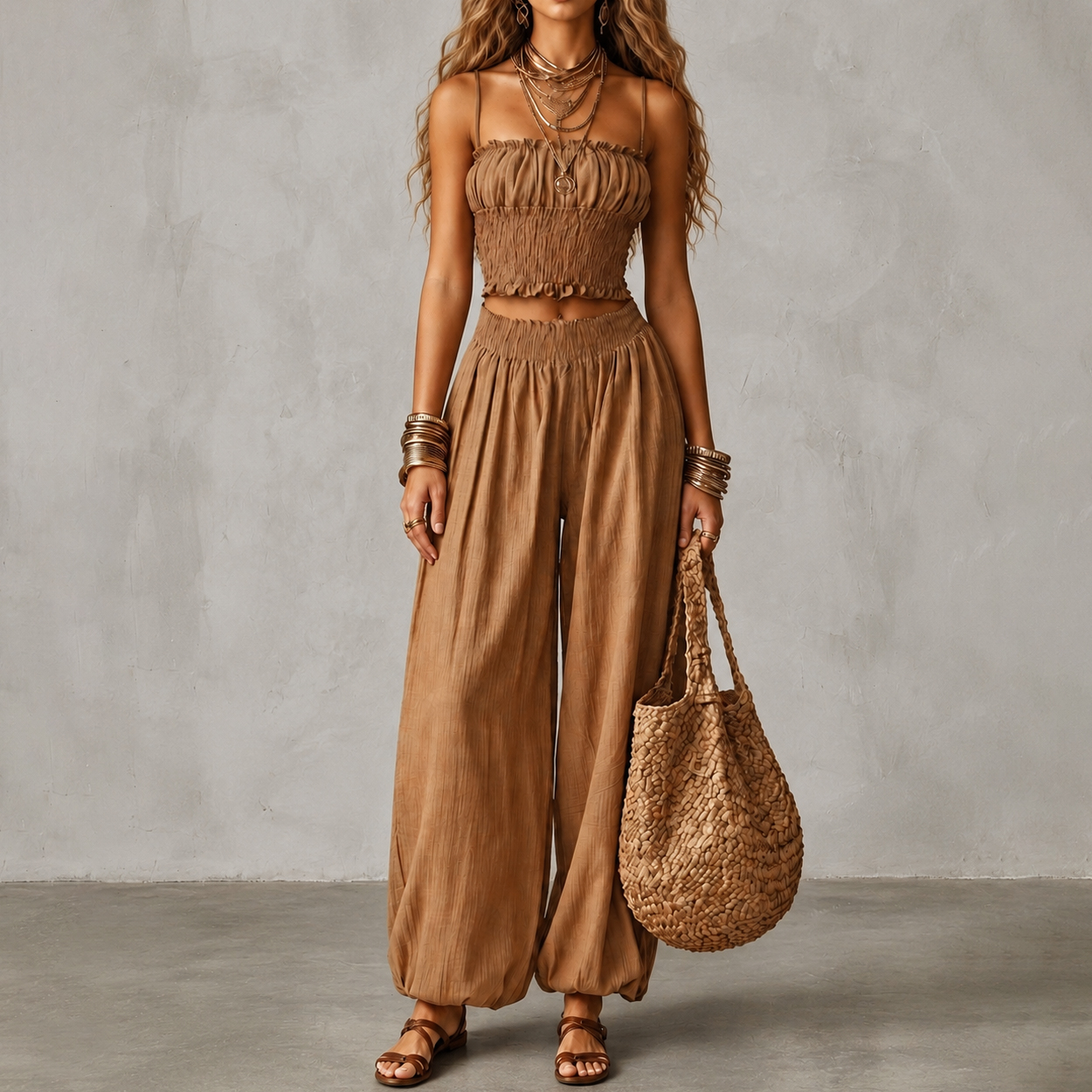 Strapless Cropped Tank Top And Lantern Pants Two-piece Set