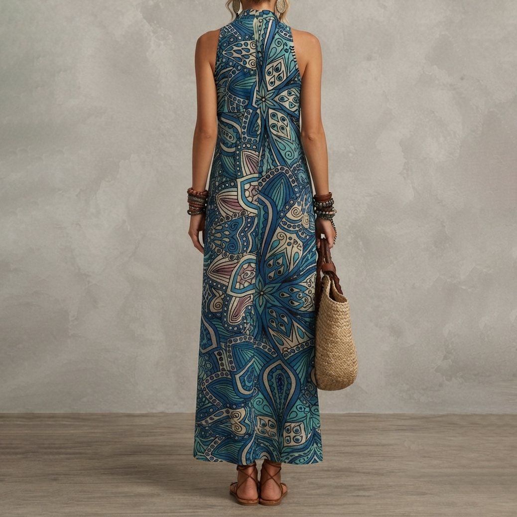 Retro  Printed Sleeveless Design With Slit Hem Maxi Dress