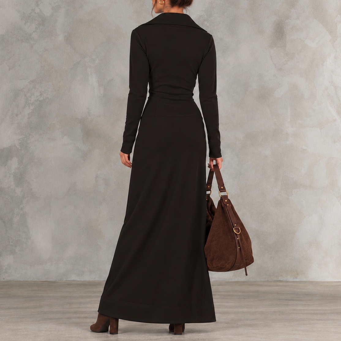 Elegant Solid-color Long-sleeve Casual Polo With A Half-zip Collar Maxi Dress