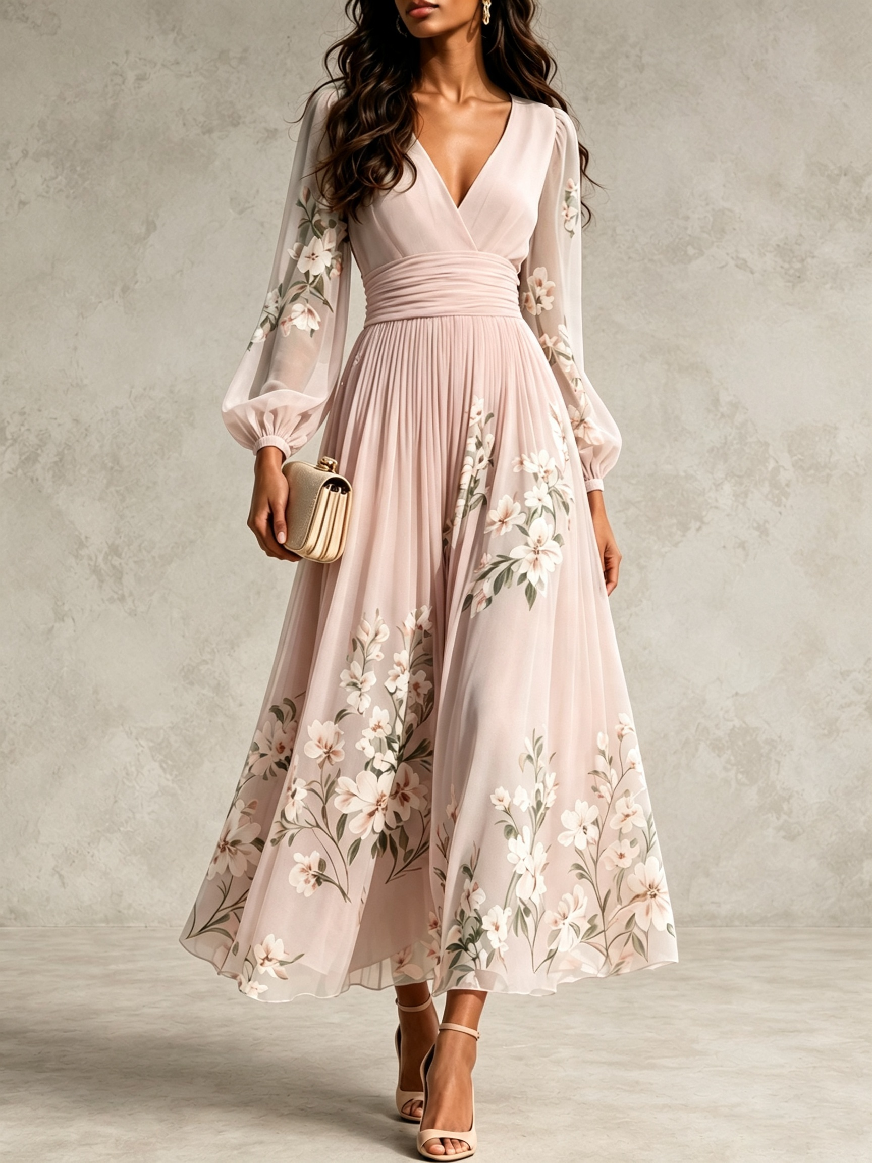 Elegant Floral Print Long-sleeved V-neck Pleated Dress