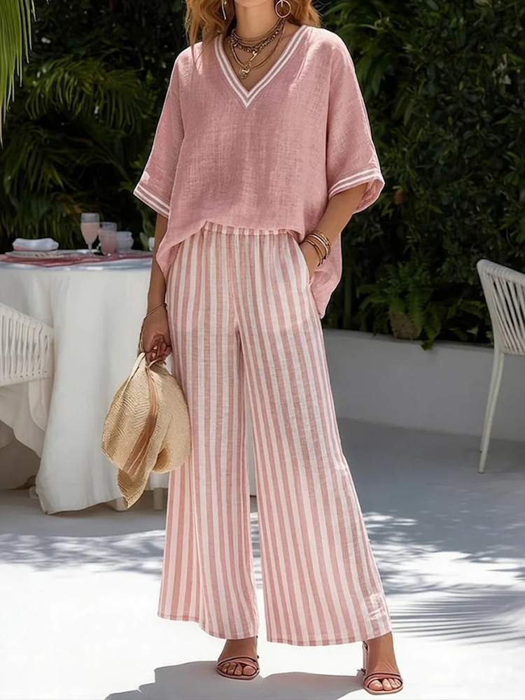Loose V-neck Short-sleeved Top And Striped Wide-leg Pants Two-piece Set