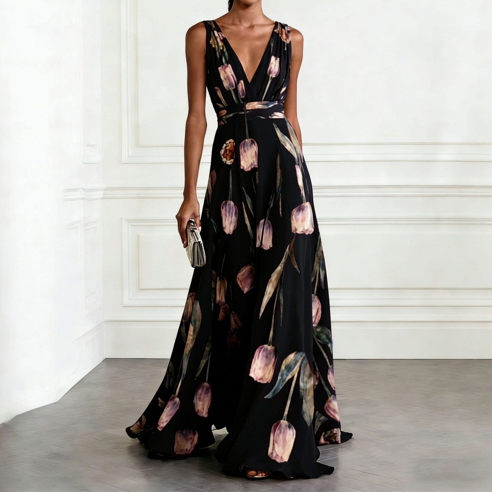 Tulip Print Sleeveless V-neck Maxi Dress