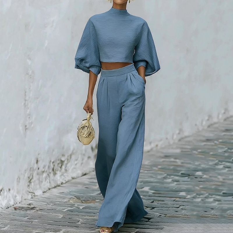 Casual High Waisted With Blended Crop Top Two-piece Set