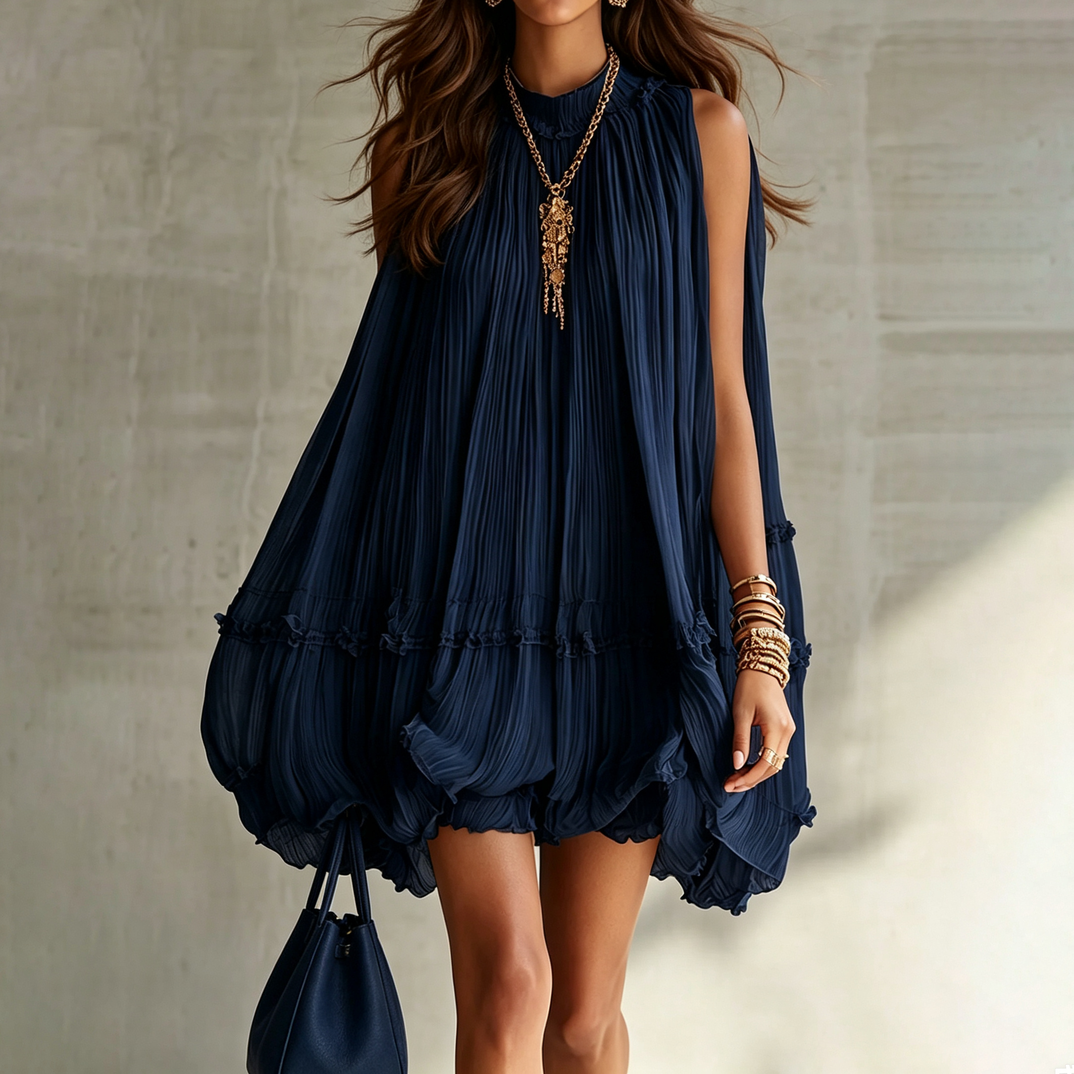 Elegant Sleeveless Pleated Ruffles Mini Dress