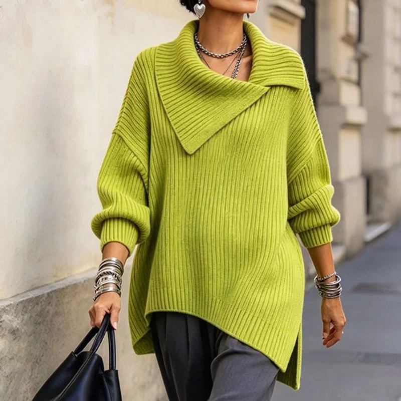 Women's Fall Winter Cozy Asymmetric-neck Ribbed Knit Pullover Top