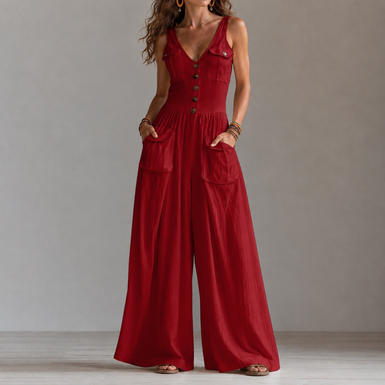 Retro V-neck Button-down Vest Jumpsuit