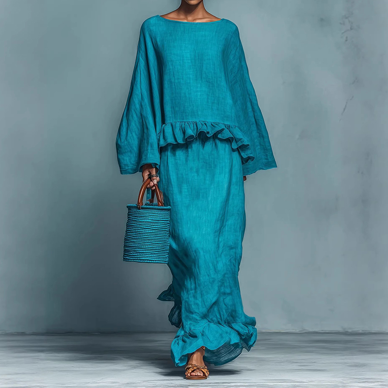 Ruffled Top And Skirt Linen Two Piece Set