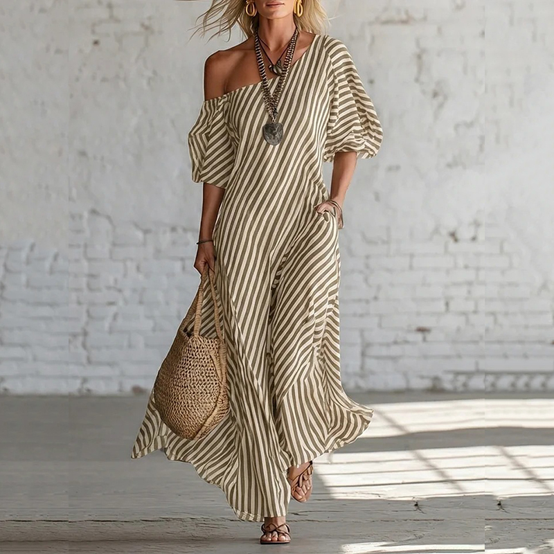 Women's Elegant Striped Off-shoulder Cotton Dress