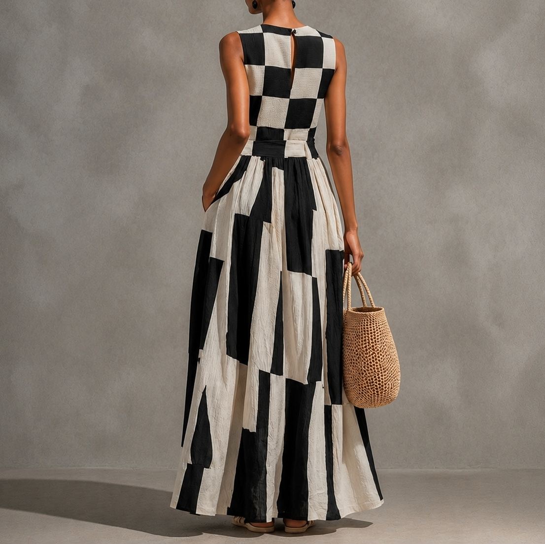 Vacation Checkered Sleeveless Patchwork Maxi Dress