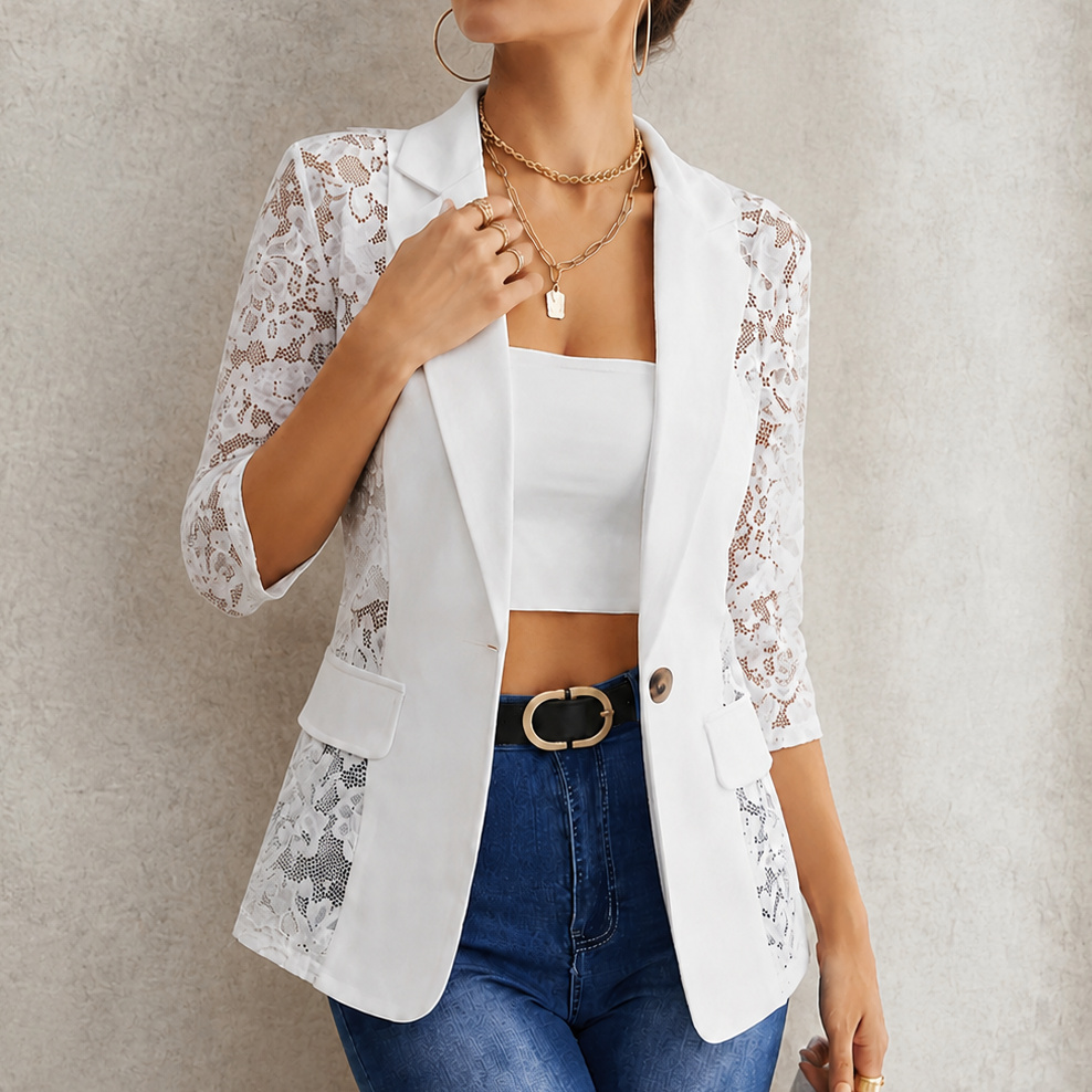 Lace Spliced 3/4 Sleeve Lapel Casual Blazer