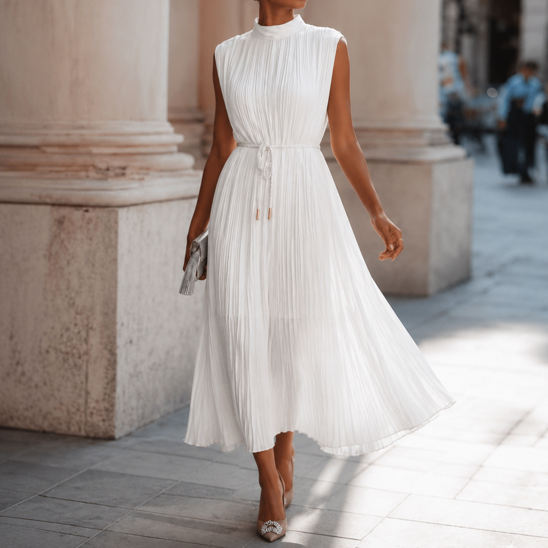 Elegant High Collar With Gathered Details Maxi Dress