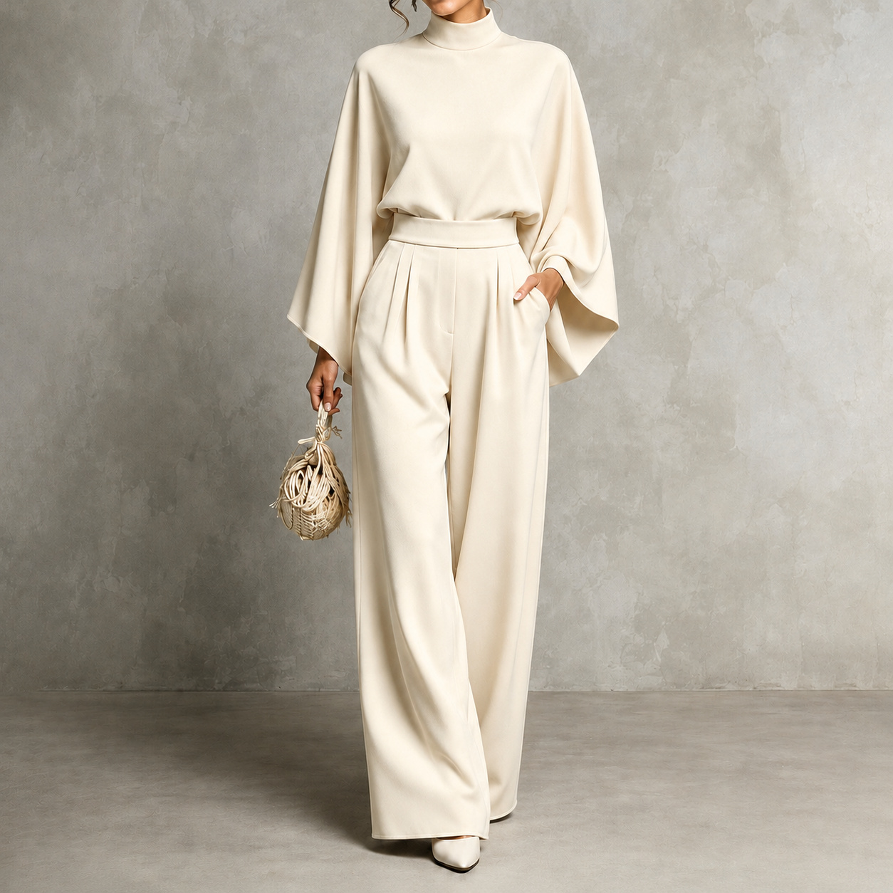 Elegance Solid Color Turtleneck Top + Loose Wide-leg Pants Two-piece Set