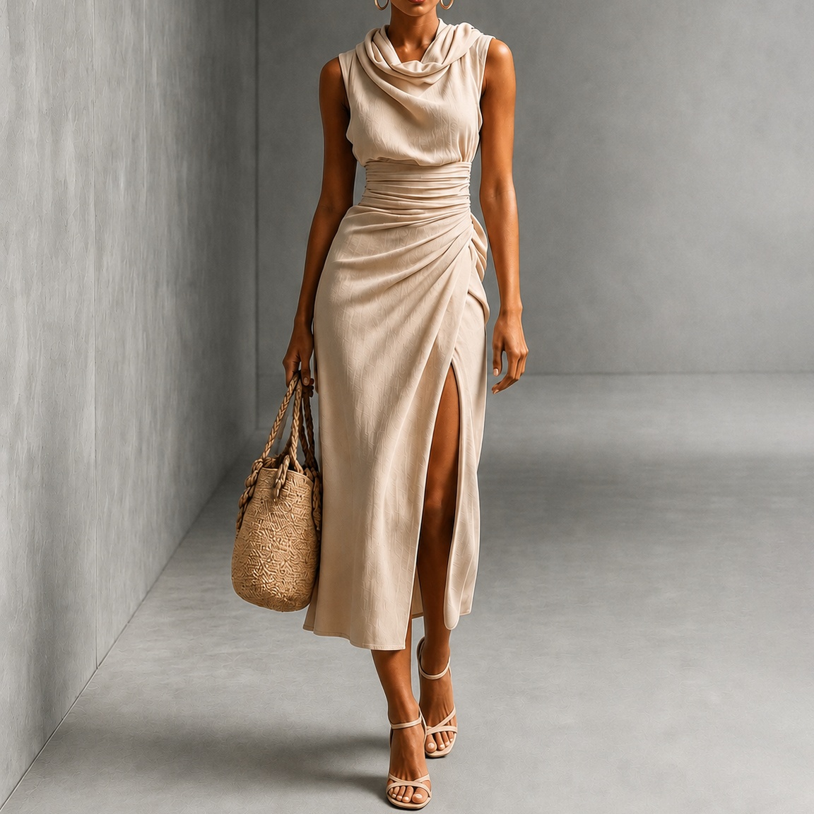 Elegant Sleeveless Turtleneck With Pleats And Slits Maxi Dress