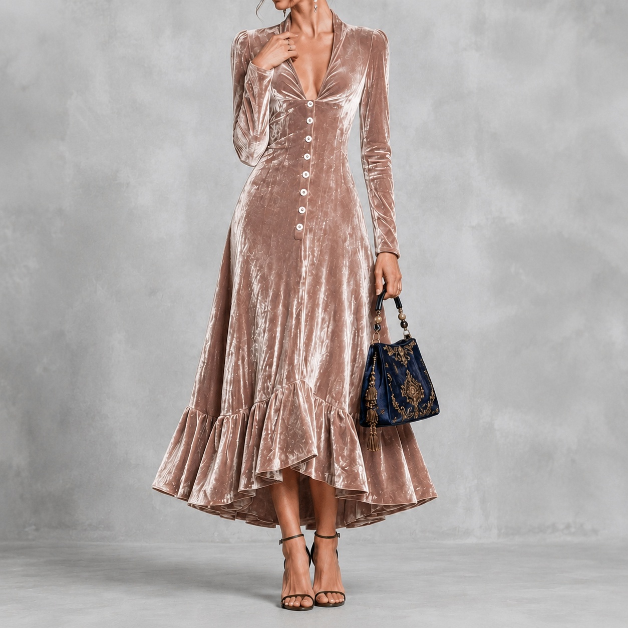Elegant Solid Color Button-down Collar Long Sleeves Fitted Waist Maxi Dress