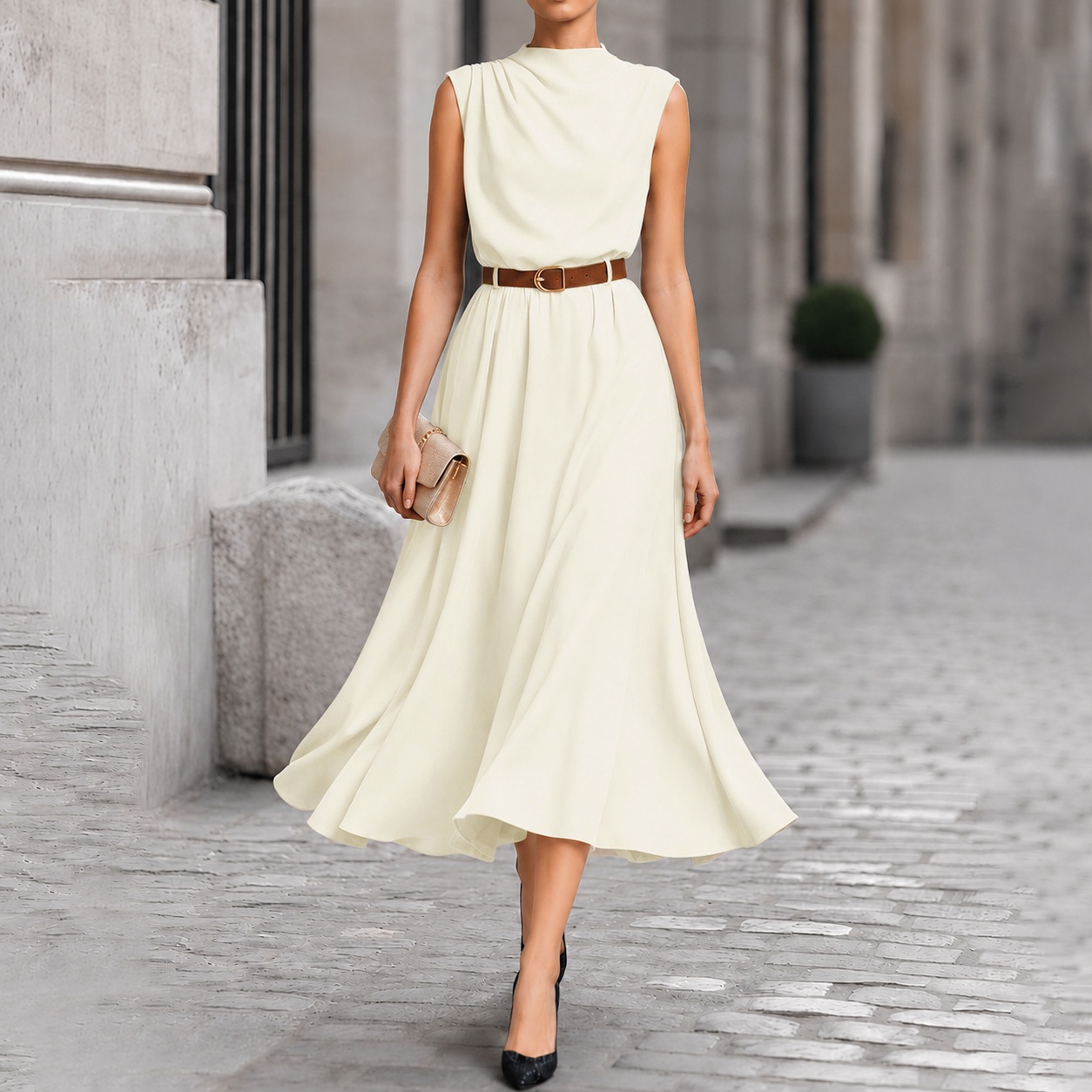 Elegant Solid Color Sleeveless With One-sided Ruching And Belt Maxi Dress
