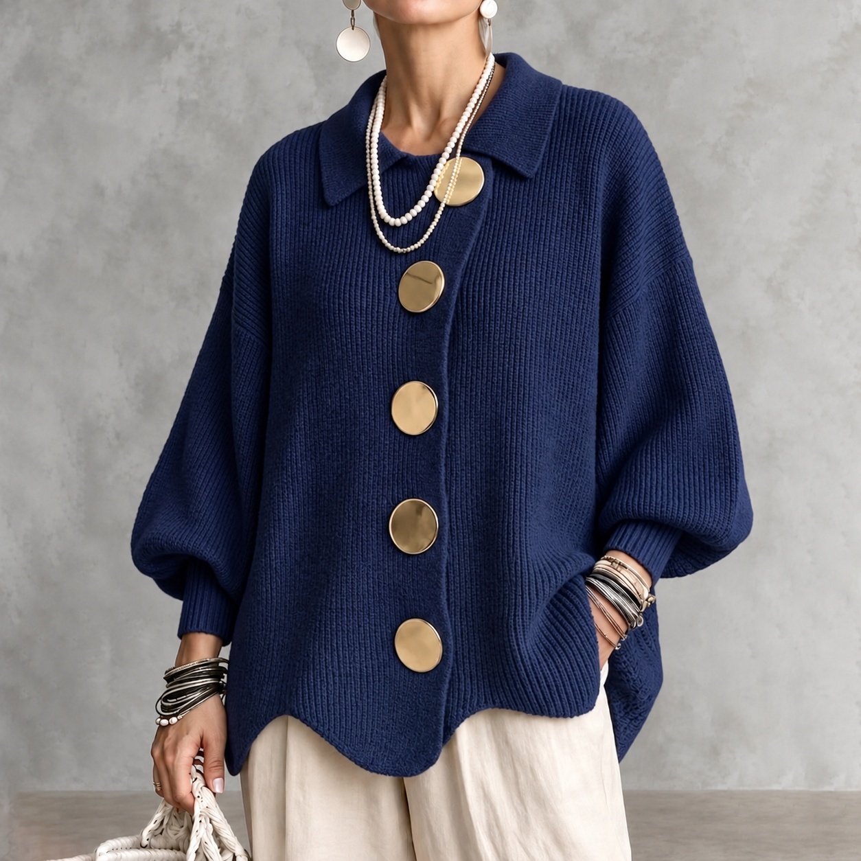 Elegant Collared Button-up Knit Cardigan