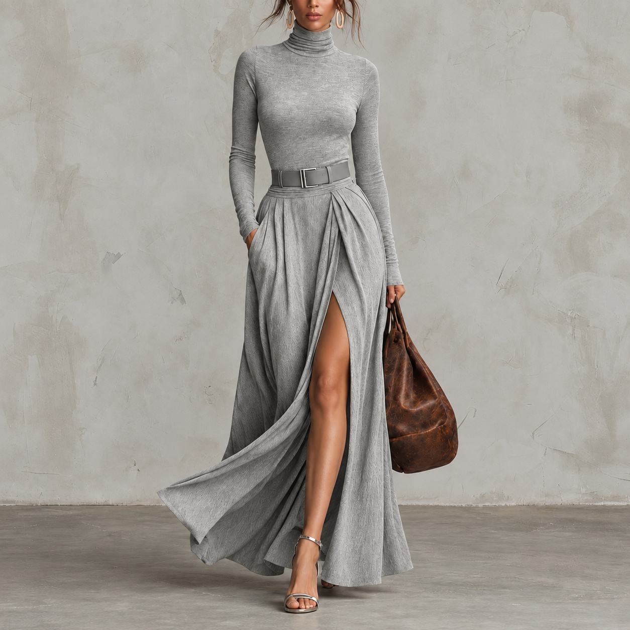 Elegant Turtleneck Long-Sleeve Belted Side-Slit Maxi Dress