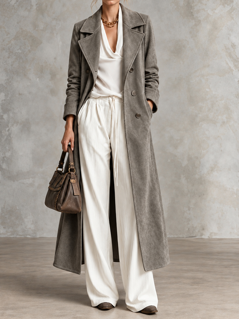 Lapel Collar Solid-color Long Straight-cut Coat