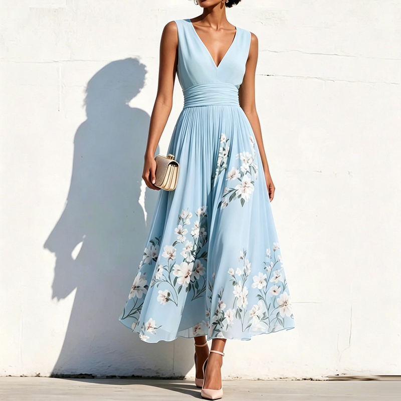 Elegant Floral Print V-neck Sleeveless Pleated Dress
