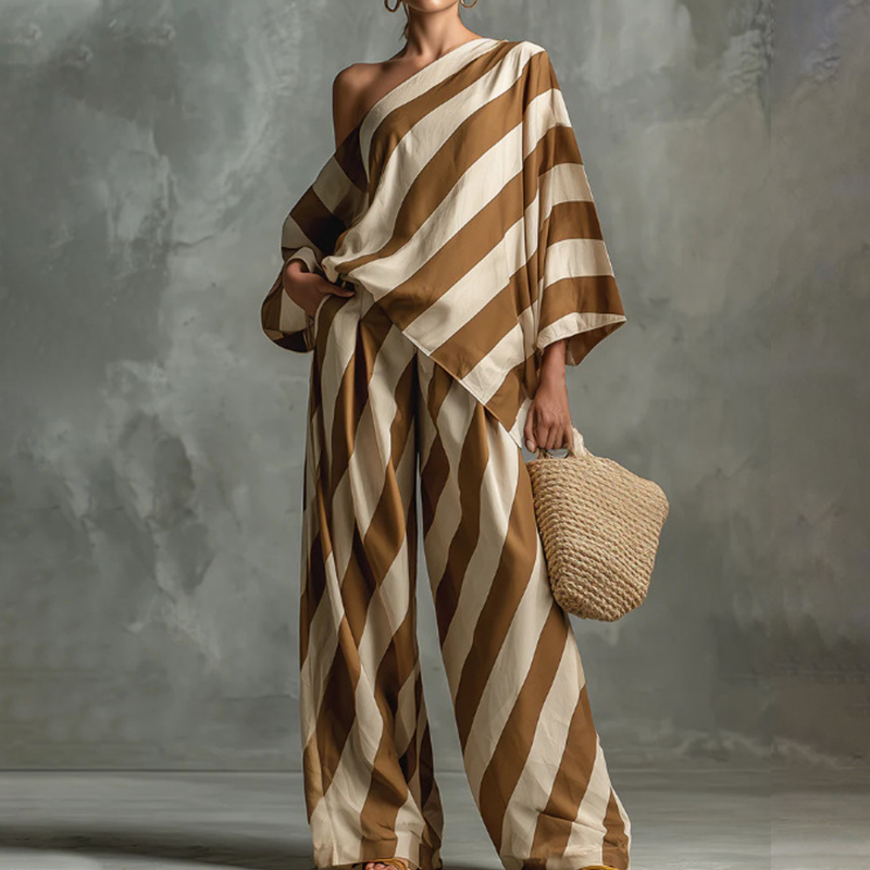 Stylish Retro Striped Printed Top And Wide-leg Pants Set