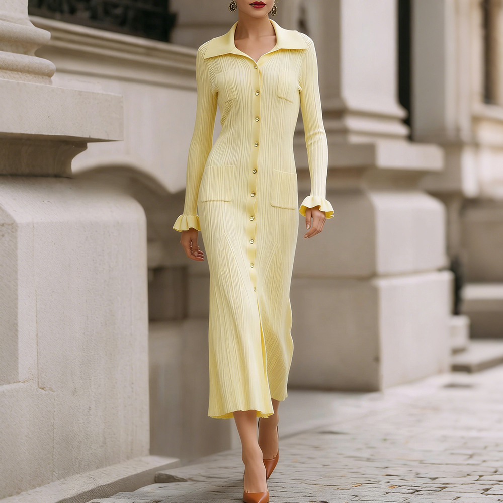 Elegant Lapel Buttoned Cozy Knit Maxi Dress