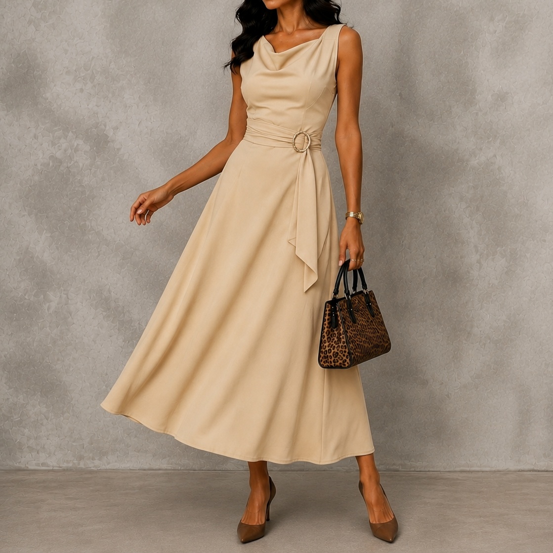Elegant Asymmetrical V-neck Sleeveless Tie-waist Maxi Dress
